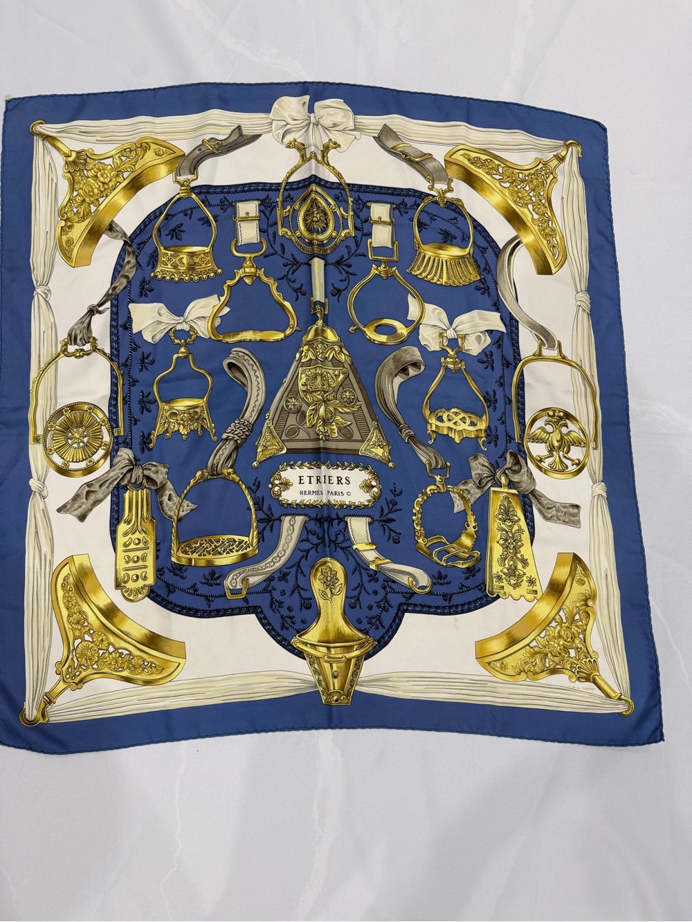 Vintage Hermès Blue and Gold Etriers Silk Scarf